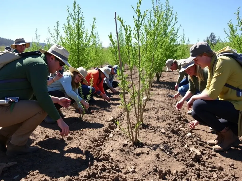 A photograph depicting volunteers planting native trees in a deforested area, illustrating habitat restoration efforts by CLUB NATIONAL DES BECASSIERS - SECTION CHARENTE.