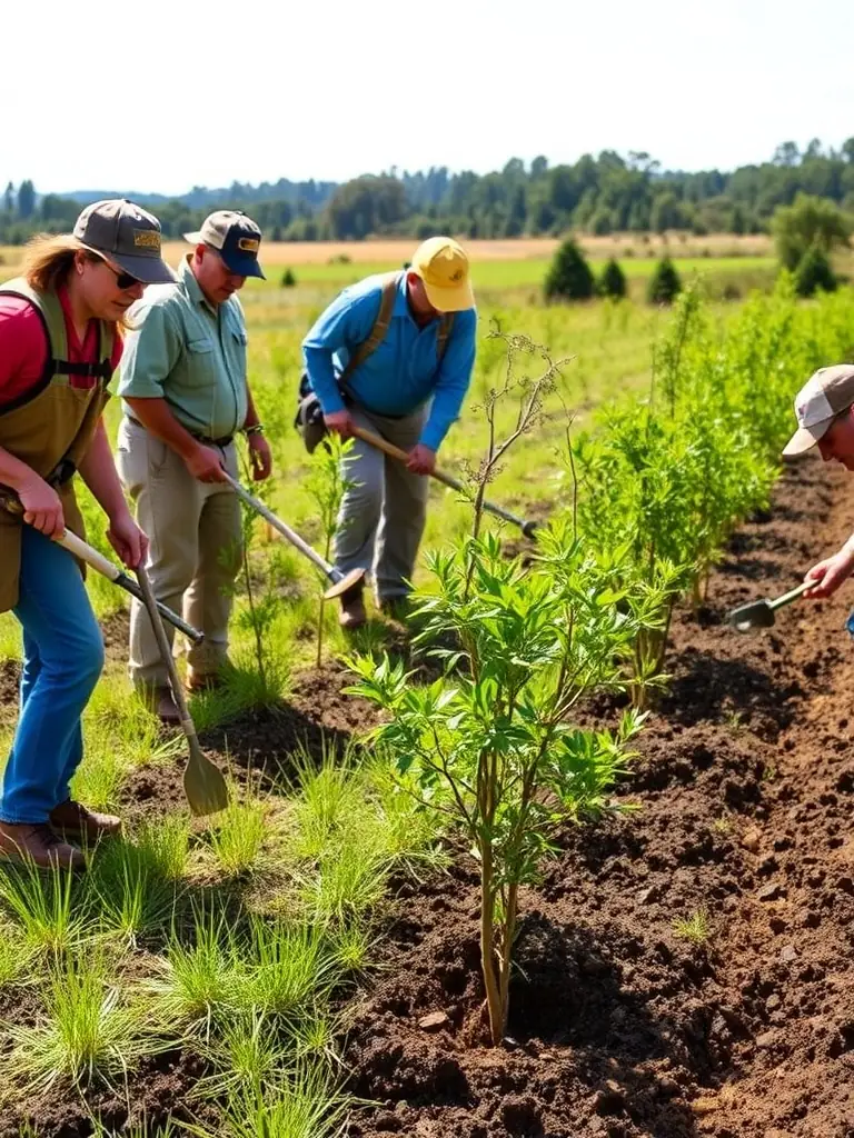 A photograph depicting members of the CLUB NATIONAL DES BECASSIERS - SECTION CHARENTE participating in a habitat restoration project, planting native trees and shrubs in a local woodland area.