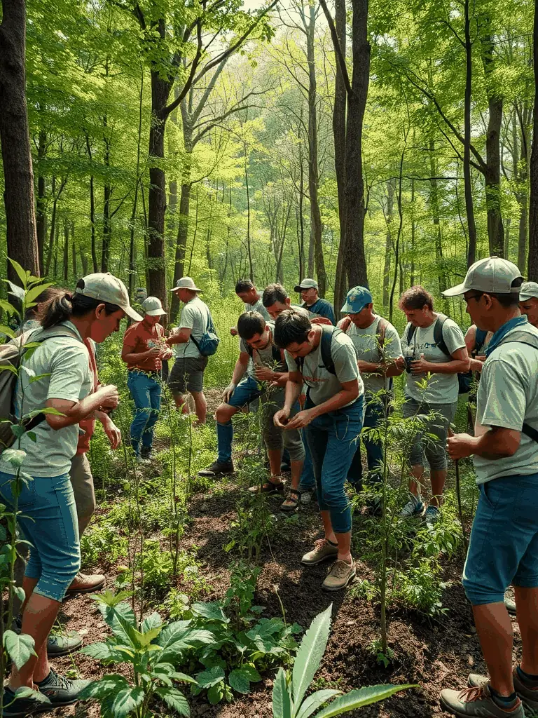 A photograph of members participating in a habitat restoration project, planting trees and clearing invasive species in a local woodland area.