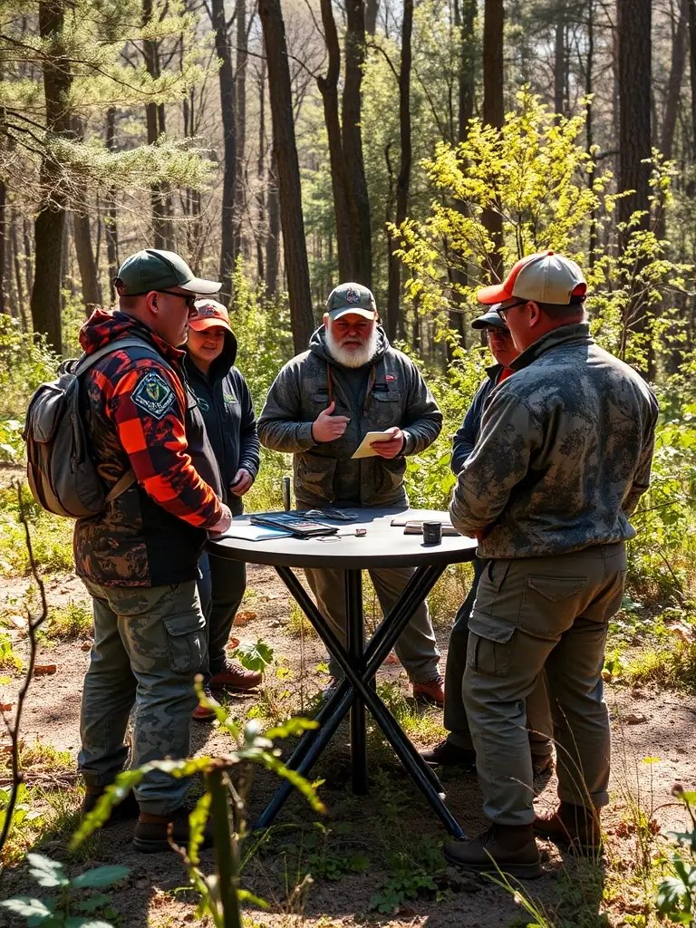An image of a group of hunters attending a workshop on responsible hunting practices, led by experienced conservationists.