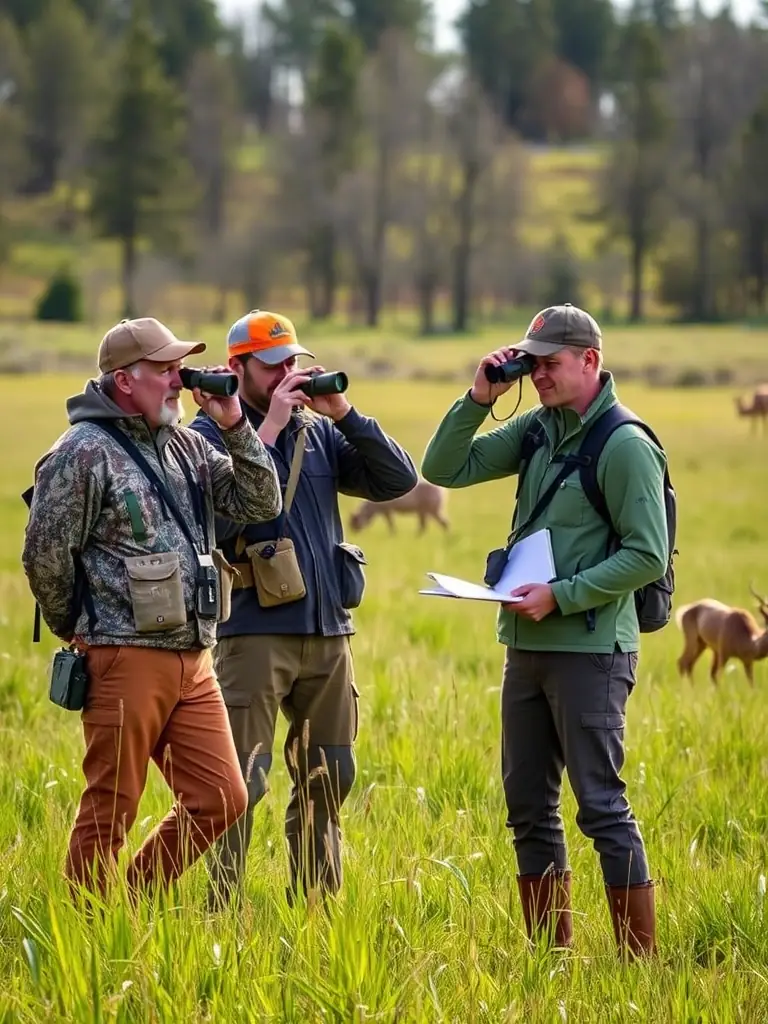 A photograph showcasing a group of club members conducting a woodcock population survey, using binoculars and data collection sheets in a field.