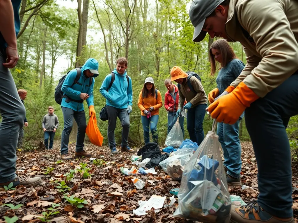A diverse group of CLUB NATIONAL DES BECASSIERS - SECTION CHARENTE members are cleaning up a forest area, removing litter and debris to improve the habitat for local wildlife, demonstrating their commitment to environmental stewardship.