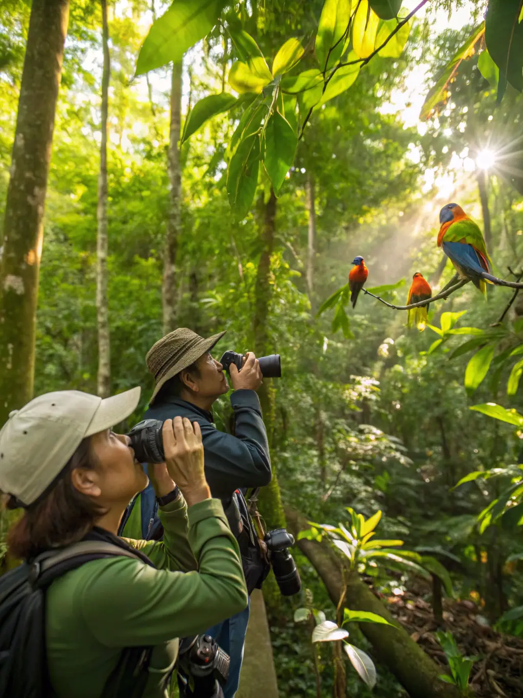 A picture of volunteers conducting a bird census, using binoculars and recording data in a notebook.