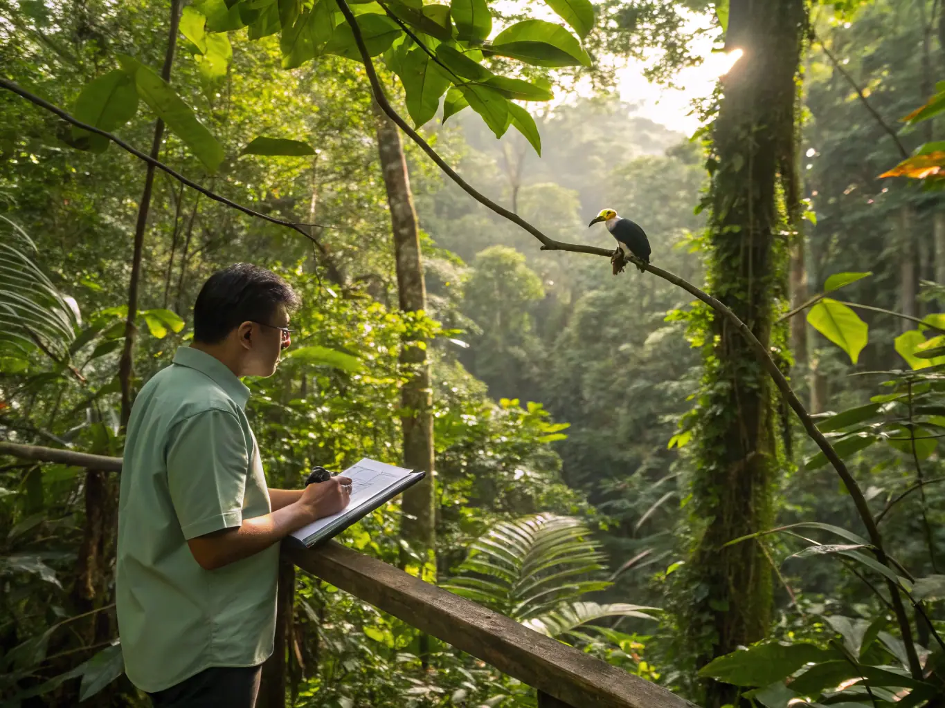 A photograph showing researchers monitoring bird populations in a protected area, highlighting the organization's commitment to species monitoring and conservation.