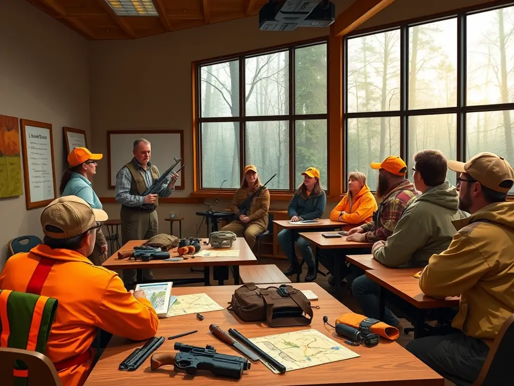A photograph featuring hunters participating in a workshop on responsible hunting practices, emphasizing the organization's dedication to promoting ethical and sustainable hunting.