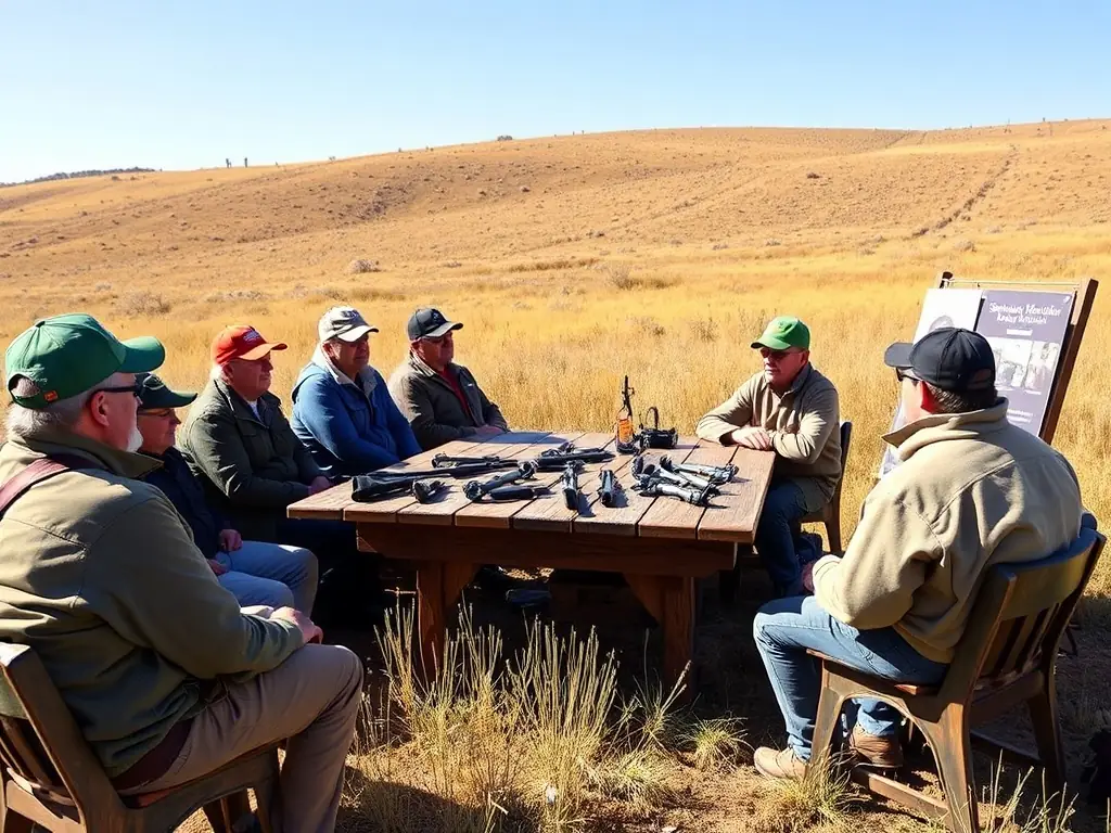 A group of CLUB NATIONAL DES BECASSIERS - SECTION CHARENTE members are gathered around a table at an outdoor event, reviewing maps and discussing hunting strategies, with a focus on ethical and sustainable practices.