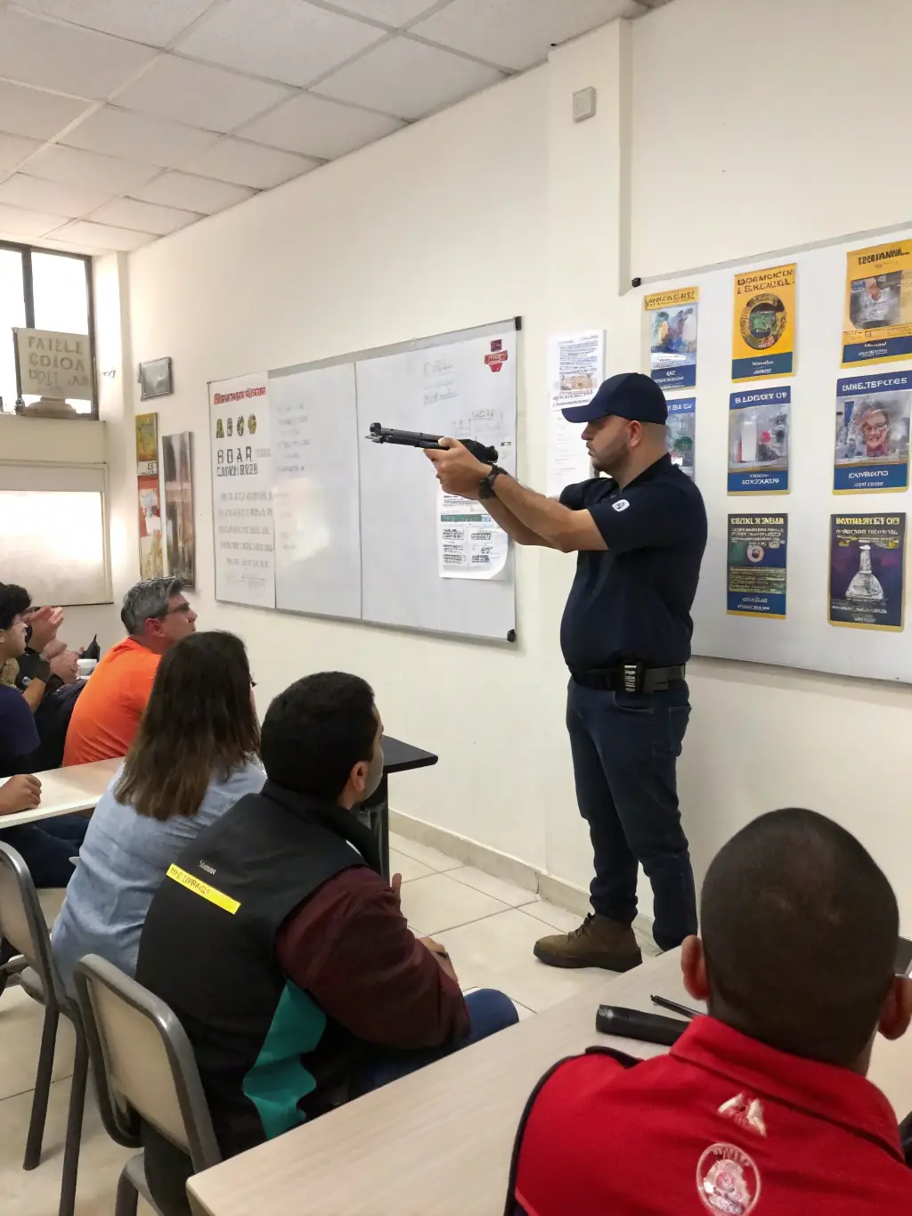 A photograph of club members leading a workshop on responsible hunting practices, demonstrating proper firearm handling and ethical hunting techniques to new hunters.
